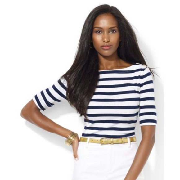 Lauren Ralph Lauren Tops - Lauren Ralph Lauren Women's Blue Striped Half Sleeve Boat Neck Top